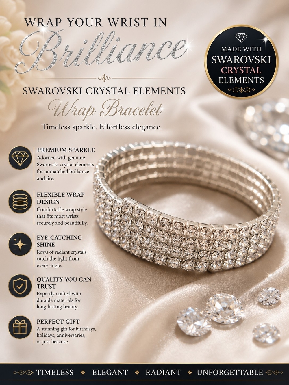Swarovski Crystal Silver Wrap Bracelet - Radiant Multi-Row Sparkle